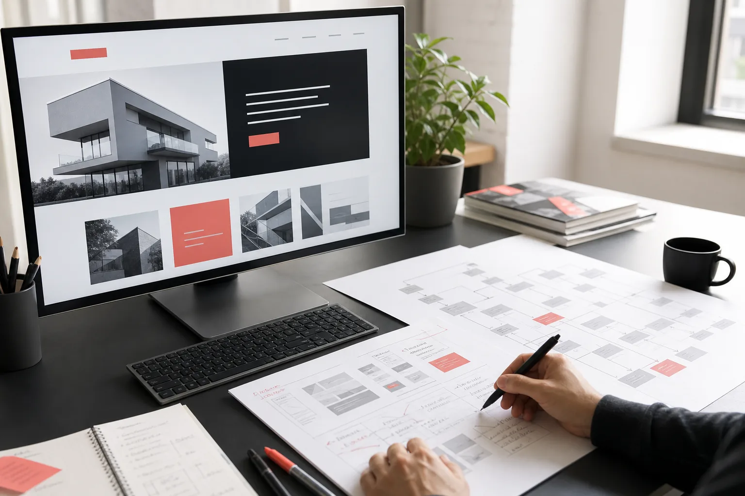 Conception d’un site web sur mesure sur un écran avec documents de structure